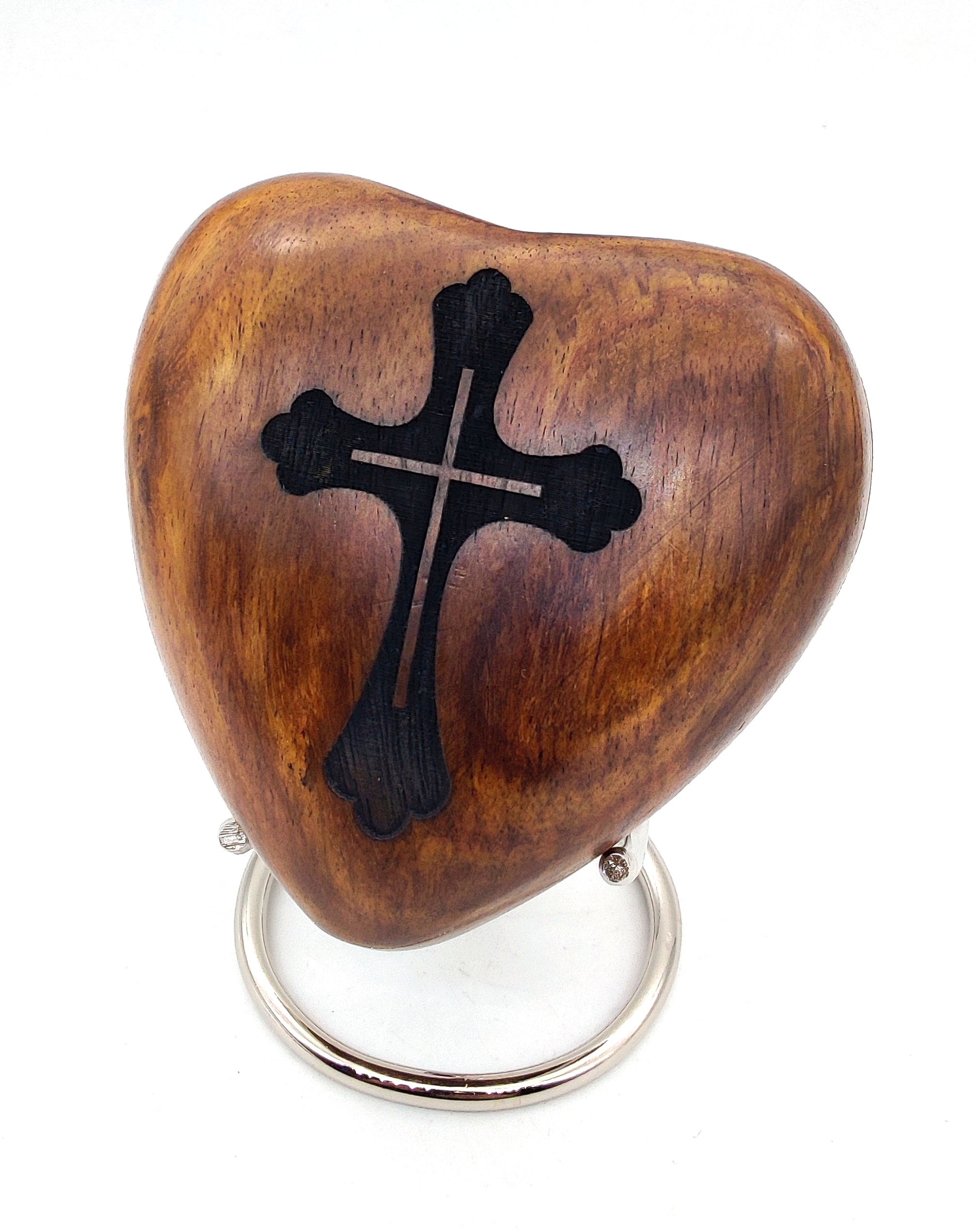 5MOONSUN5 Wooden Heart Urn Keepsake Cremation Urn for Human pet Ashes Handcrafted Urn Heart Shaped - Perfect for Adults & Infants with Brass Stand 3 inch with CROSS Engraving