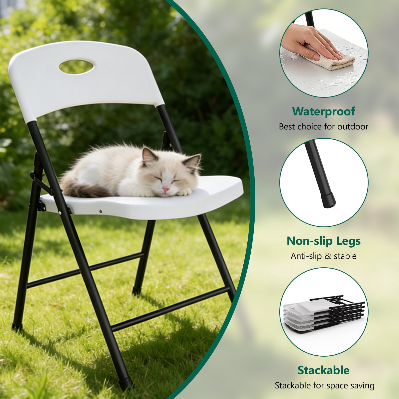 WASUHE 4 Pack White Folding Chairs with Enhanced Iron Frame, Stackable Plastic Folding Chairs for Outside, Indoor, Party, Wedding, Meeting Room, Patio and Garden, Weight Capacity 350 lbs