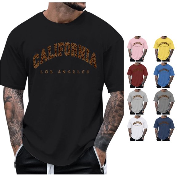 Rggeeun Mens Tshirts Leopard Letter Print Solid Color Short Sleeve Crew Neck Loose Fit Soft Breathable for Summer Office Wear Casual Shirts,Black,Xxs