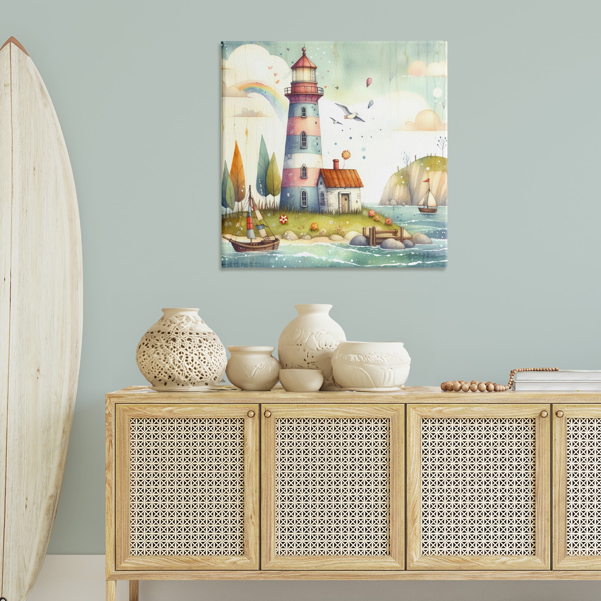 Stupell Industries Lighthouse Cottage Scenery Nautical & Beach Painting Wrapped Canvas Art Print Wall Art, 36 x 36