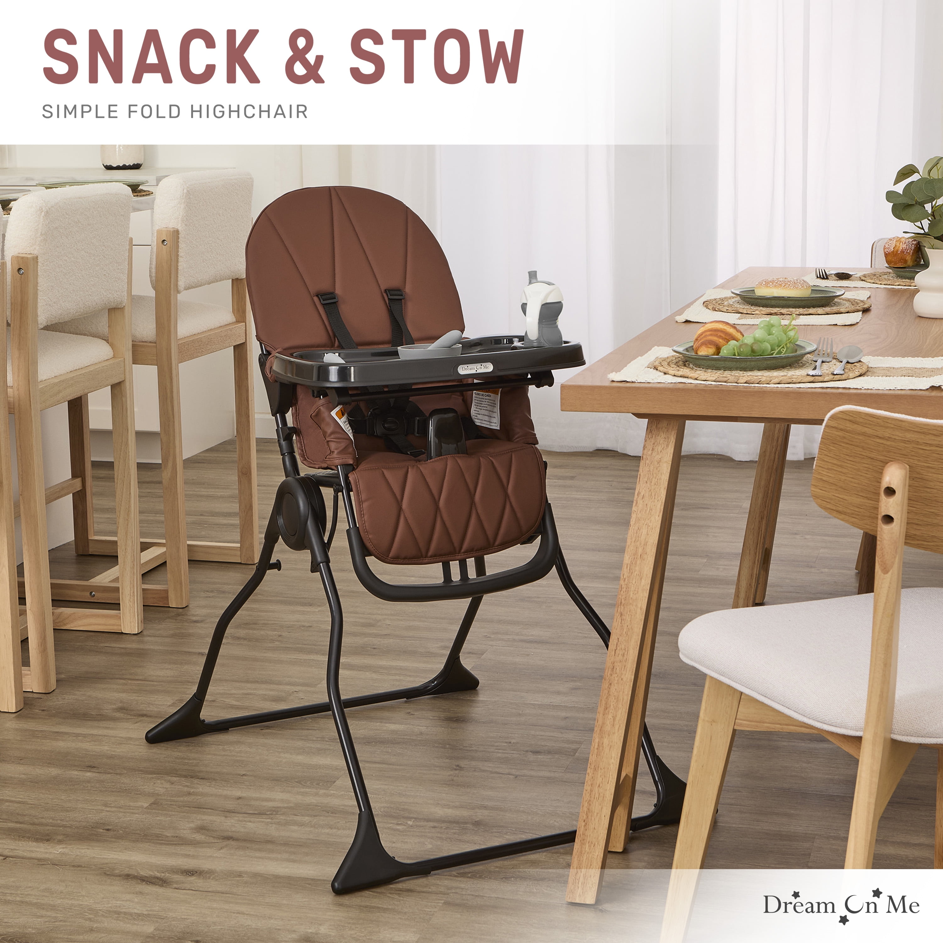 Dream On Me Snack and Stow Baby high Chair, Easy to fold and Store Travel high Chair, Removable and Three Position Adjustable Tray Portable high Chair, Cognac