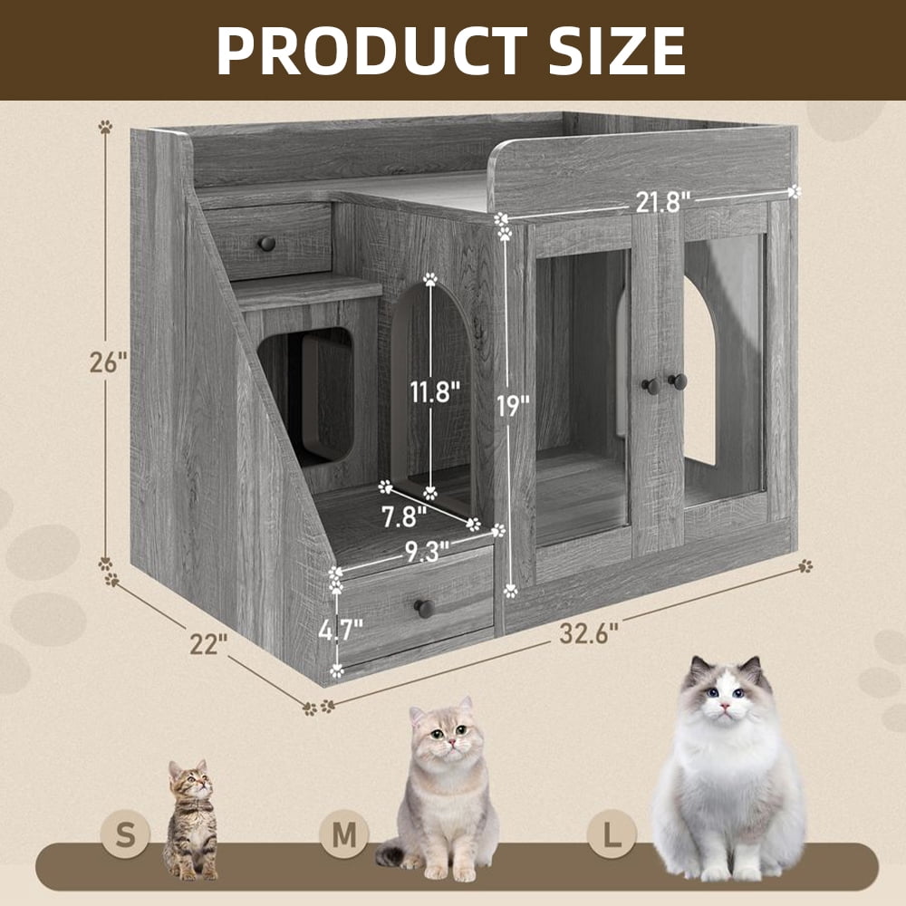 LUMAMIN Cat Litter Box Enclosure with Light, Hidden Litter Box Enclosure Furniture with 2 Drawers, Indoor Cat House Washroom End Table for Cats, Gray