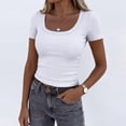 thumbnail image 4 of Garbnen Women Ribbed Shirt Knitted Square Neck Women Tops Short Sleeve Slim Fit Spring Stretch Basic Tunic Sweaters for Women White L, 4 of 7