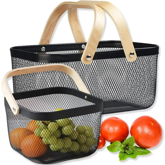 2 Pack Picnic Baskets, Metal Mesh Harvest Basket with Foldable Wooden Handle, Rectangle Garden Storage Basket Bin for Vegetable Fruit Garden Kitchen Cabinet Picking Gathering