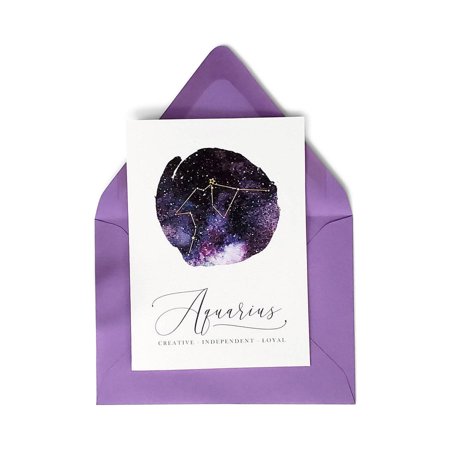 Aquarius Zodiac Card with Celestial Design – “Creative, Independent, Loyal” Greeting Card – Ideal for Birthdays, Celebrations – Includes Envelopes