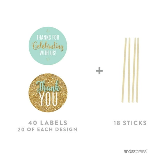 Signature Light Aqua, White, Gold Glittering Party, Round Cupcake Toppers, 20-Pack