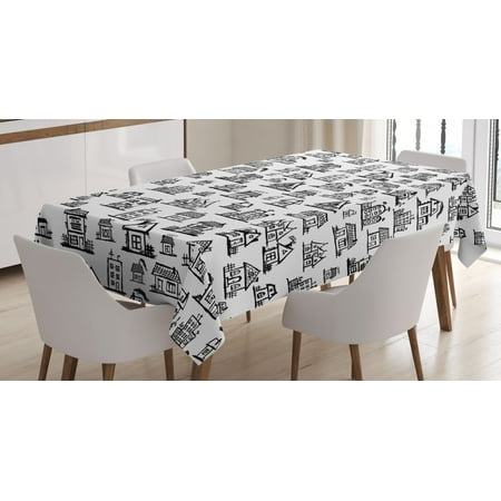 

City Tablecloth Village Houses Hand Drawn Monochrome Doodle Architecture Pattern Buildings Town Scene Rectangular Table Cover for Dining Room Kitchen 60 X 84 Inches Black White by Ambesonne