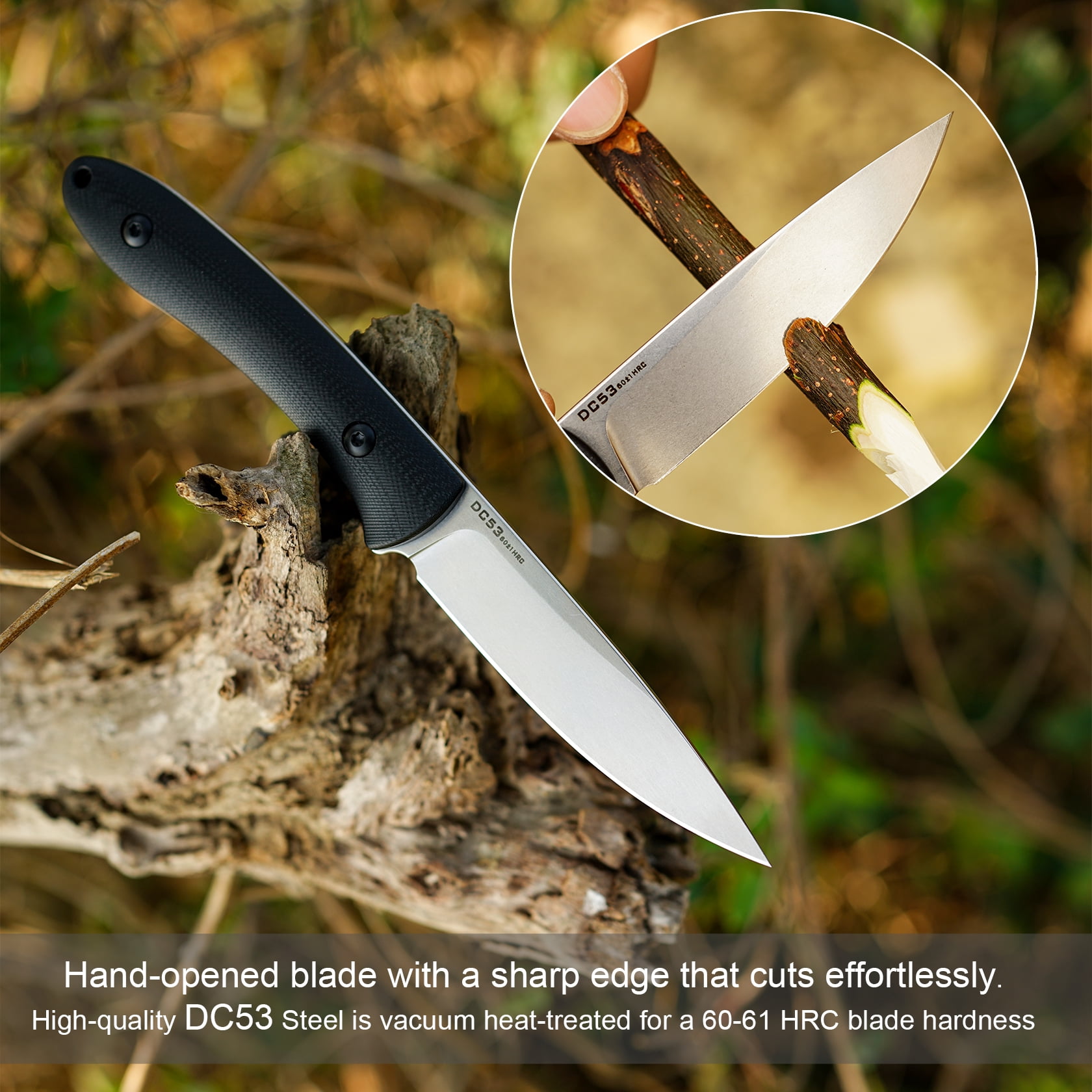 Small Fixed Blade Knife,3.27in DC53 Steel Blade and G10 Handle,with Kydex Sheath,Fixed EDC Tactical Knife for Men Women,Outdoor Hiking Camping Knives