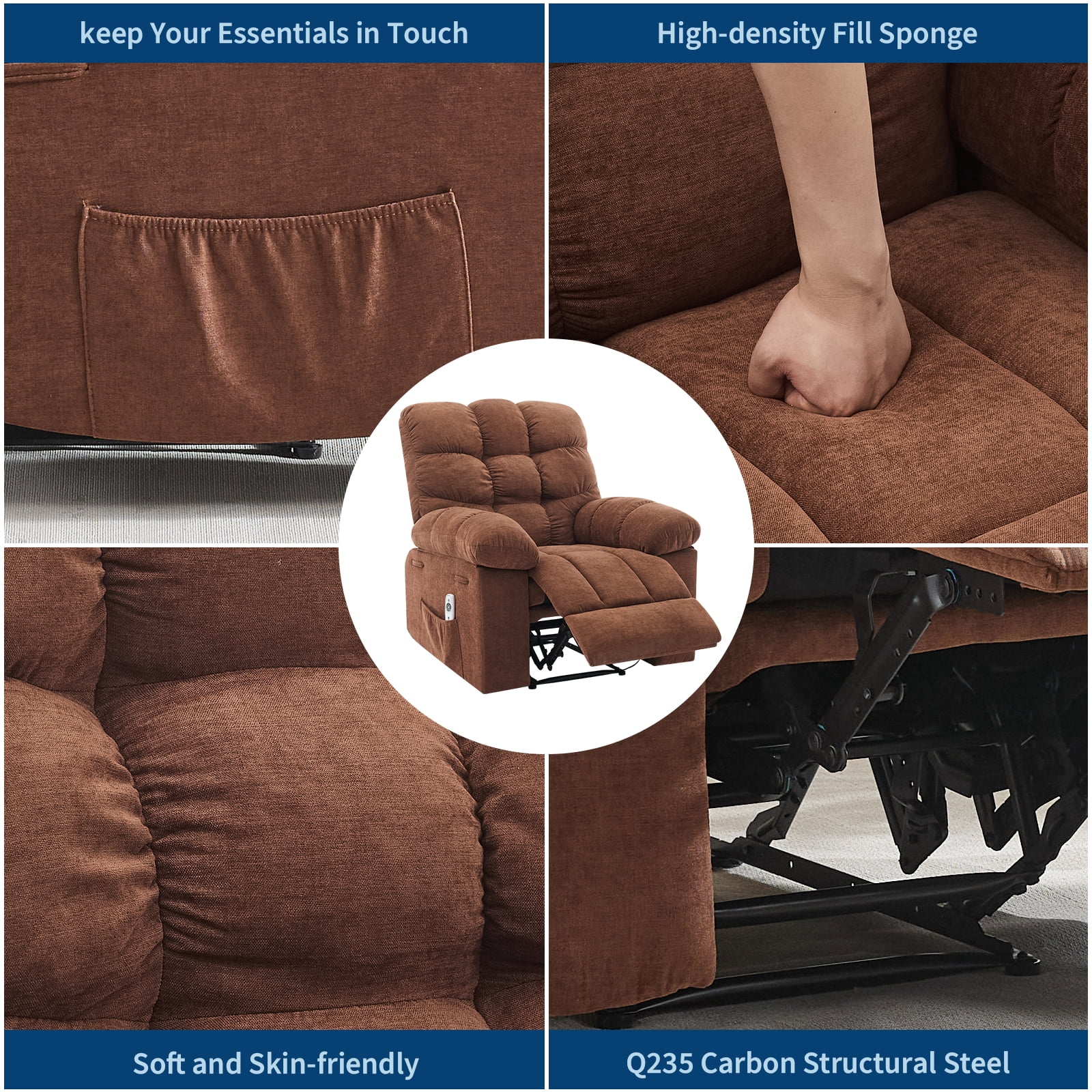Recliner Chair for Adult, Recliner with Massage&Heating, Manual Recliners, Upholstery Overstuffed Soft Rocking Sofa Chair, Brown