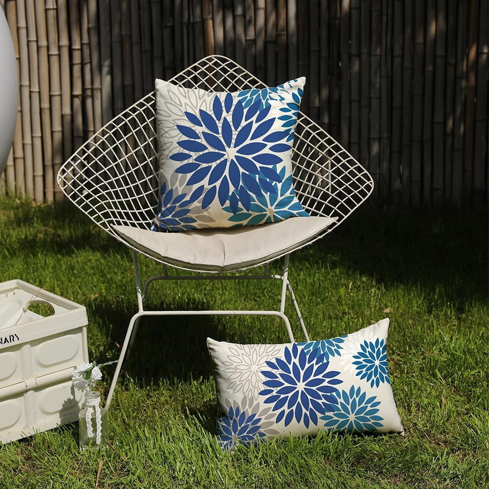 Blue Flower Pillow Covers 12x20 Inch Set of 2 Dark and Light Blue Colored Pillow Outdoor Waterproof Decor for Patio Funiture Garden Summer Floral Square Polyester pillowcovers 002E12