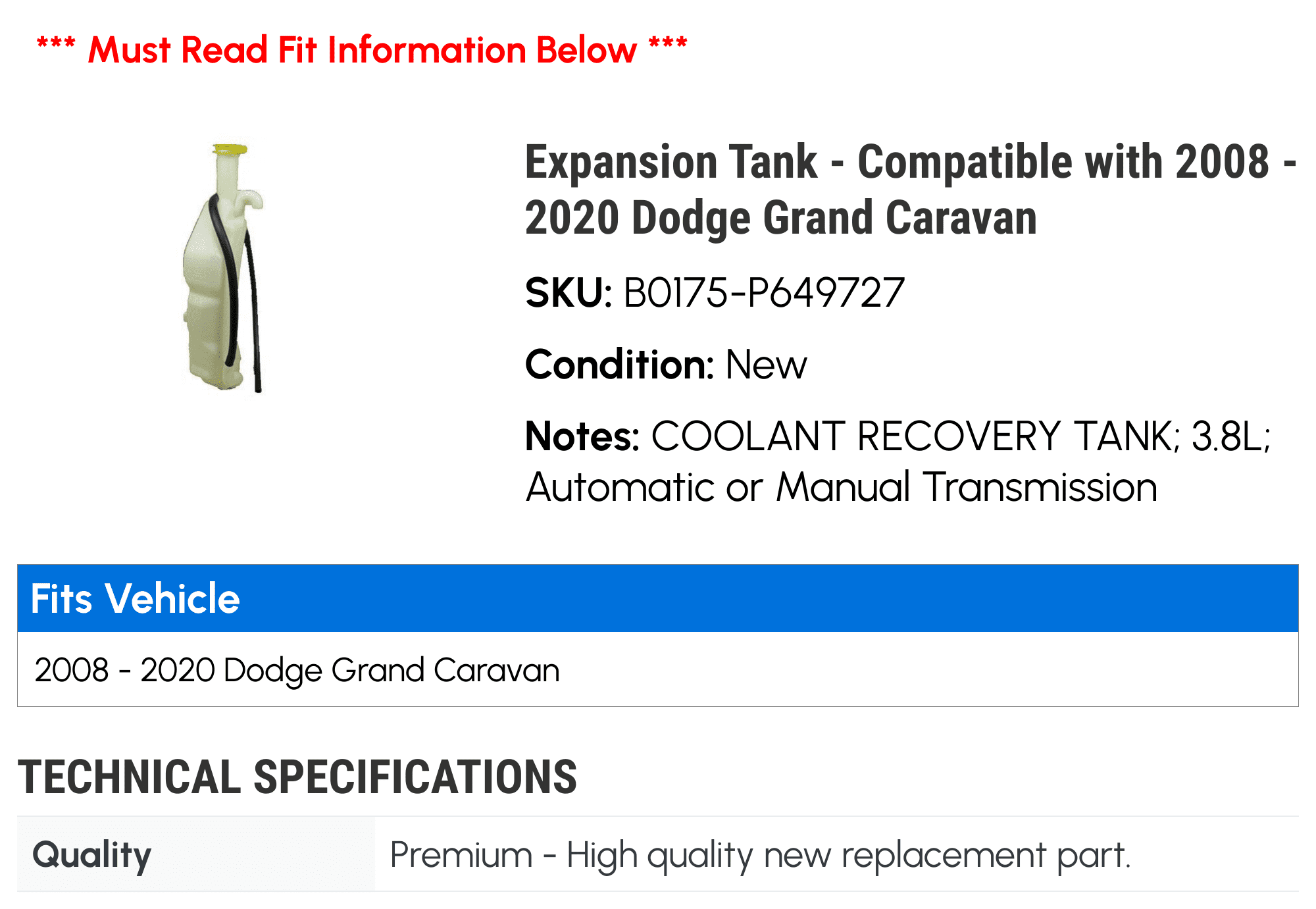Expansion Tank - Compatible with 2008 - 2020 Dodge Grand Caravan 2009 2010 2011 2012 2013 2014 2015 2016 2017 2018 2019