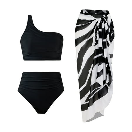 Tao Tao Women Swimsuit 3 Piece One Shoulder Bikini Top High Waisted Bottom Bathing Suits With Beach Cover Up Wrap Skirt Black L