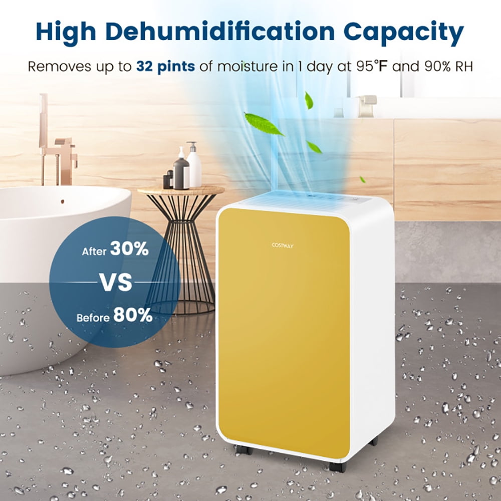 Spaco 32 Pints/Day Portable Quiet Dehumidifier for Rooms up to 2500 Sq. Ft-Yellow, Dehumidifier for Basement and Bedroom