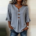 thumbnail image 3 of TGSLY Striped Tops for Women Trendy Casual Notched V Neck 3/4 Ruffle Sleeve Blouses Relaxed Fit Dressy Decorative Buttons Shirts S, 3 of 6