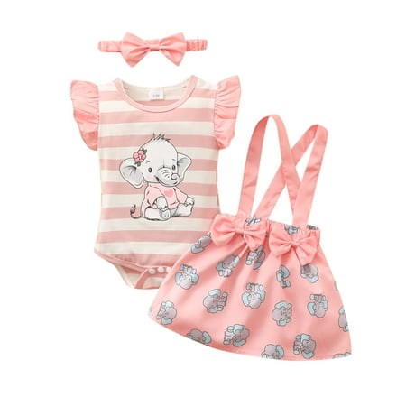 

Elephant Printed Toddler Girls Outfits Short Sleeve Ribbed Romper Body Suspenders Skirts Hairband Children Kids Spring Summer Casual Cartoon Fashion Outwear Streetwear Sets