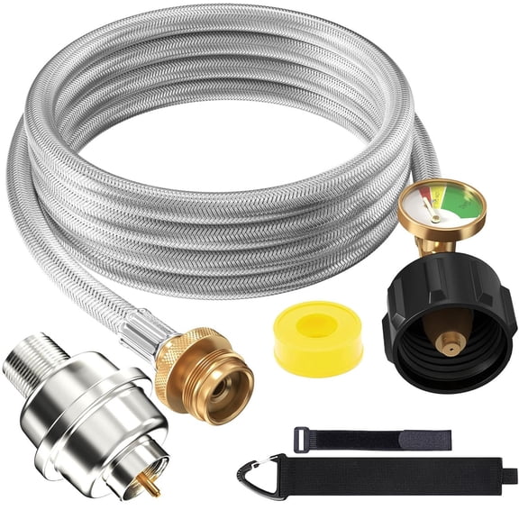 10FT Propane Adapter Hose with Gauge, Stainless Braided QCC1/Type1 for 20-45 lb Tank, Extension Hose & Fuel Filter for Heater Gas Appliances