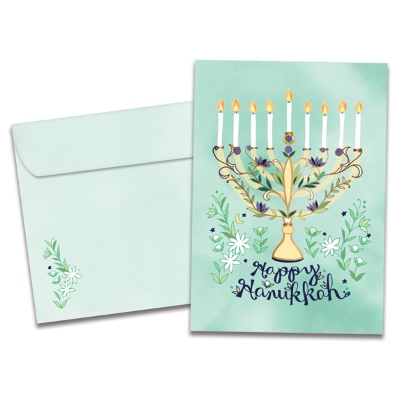 Tree-Free Greetings Hanukkah Greeting Card, 100% Recycled Paper, 5x7, Floral Menorah (GO63096)