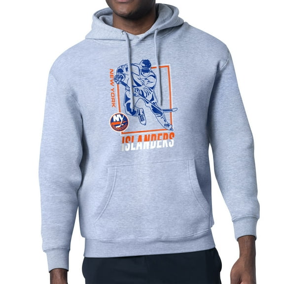 Men's Starter Heather Gray New York Islanders Player Grid Fleece Pullover Hoodie