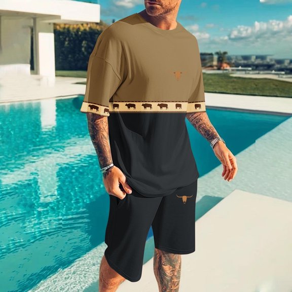 UVEASISHA Big and Tall Short Set for Men Short Sleeve Color Block Tee Tops and Shorts Set Vintage Printed Tracksuits Black XXL
