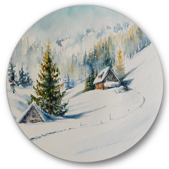 Designart 'The Winter Mountains With Little House' Traditional Circle Metal Wall Art 36x36 - Disc of 36