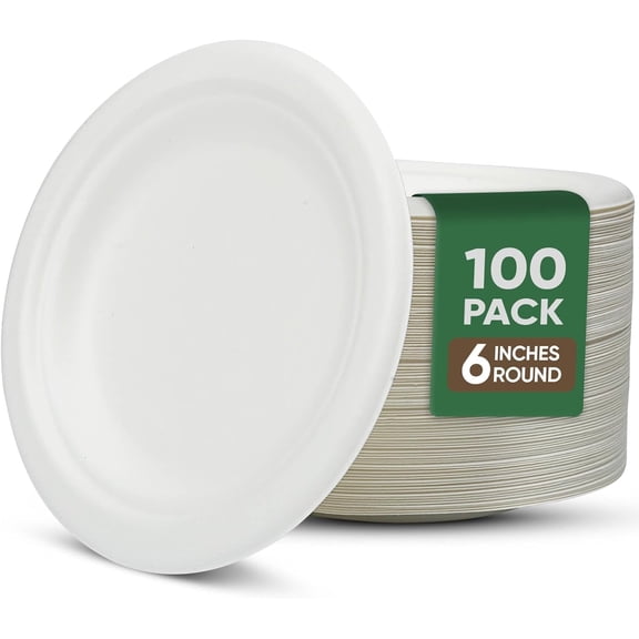 Dessert Plates, 100 Pack Small Paper Plates, Paper Plates 6 Inch – 100% Compostable Plates, Water & Oil Proof Disposable Plates, Microwavable Perfect Paper Plate For Party - White