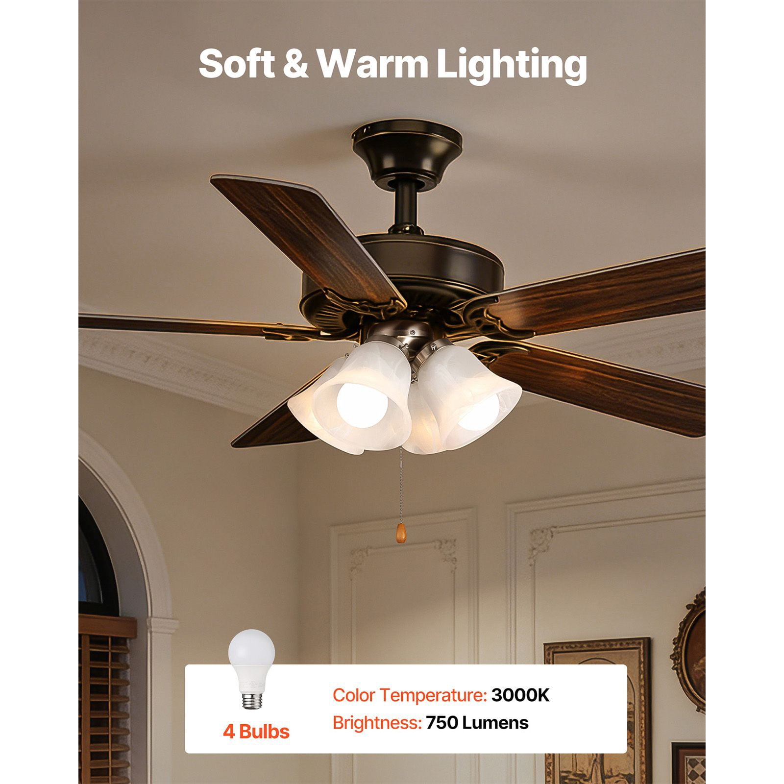 Ceiling Fan Light Kit, 10.28 x 6.89 Inches, 4 x 3000K 750-Lumen Bulbs, Alabaster Glass Shade, Pull-Chain Switch, for Living Room, Dining Room & Bedroom