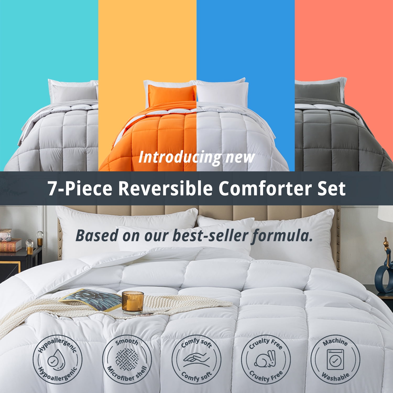 IGI Queen Size 7 Piece Comforter Set | Bed in a Bag for Unisex Adult | White/Light Gray