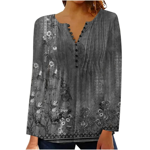CEHVOM Mode Femme Été Sexy Pli Imprimé Régulier Manches Longues Col en V Bouton Haut Liquidation