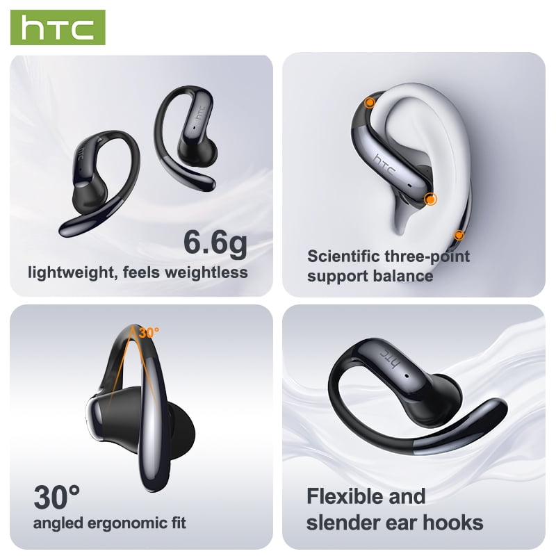 HTC NE63 Wireless Bluetooth 6.0 Open In Ear Earbuds, AI Translator, Noise-Cancelling Headphones, 130+ Languages, 30H,Black