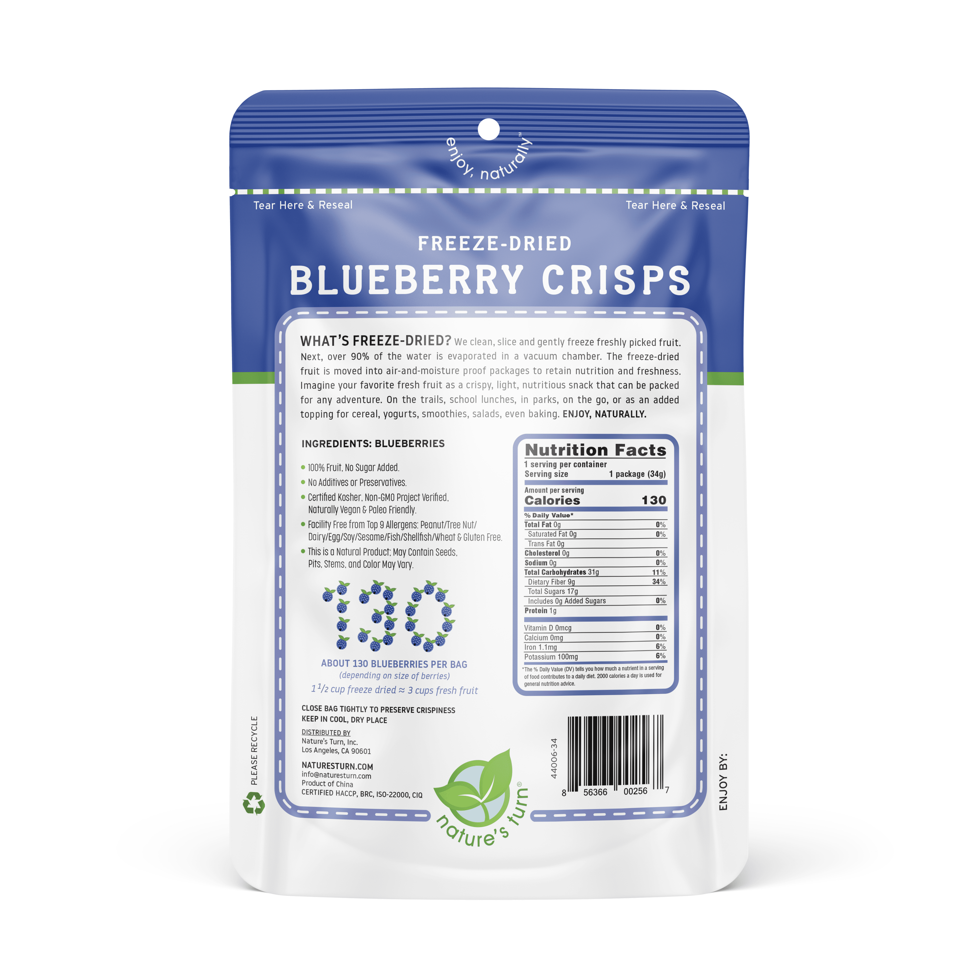 Nature’s Turn Freeze-Dried Blueberry Crisps, No Added Sugar, Healthy Natural Fruit Crisp Snack for School Lunches, 12 Pack (0.53 oz Each)