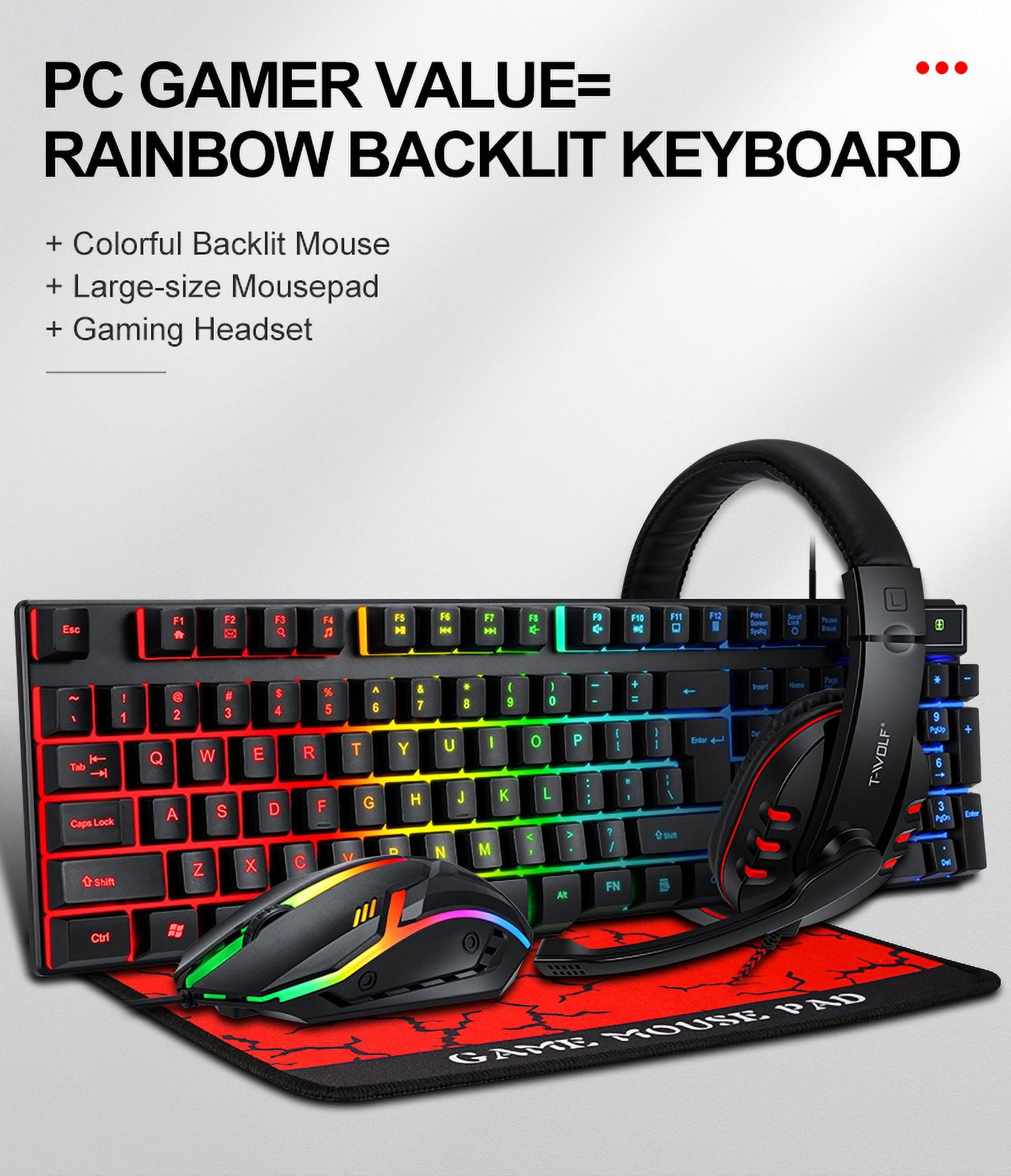 Gaming Keyboard and Mouse Combo with Headset, RGB Rainbow Backlit 104 Keys USB Wired Keyboard Mechanical Feeling, Gaming Headset with Microphone, Large Mouse Pad, for Computer Gamer Office