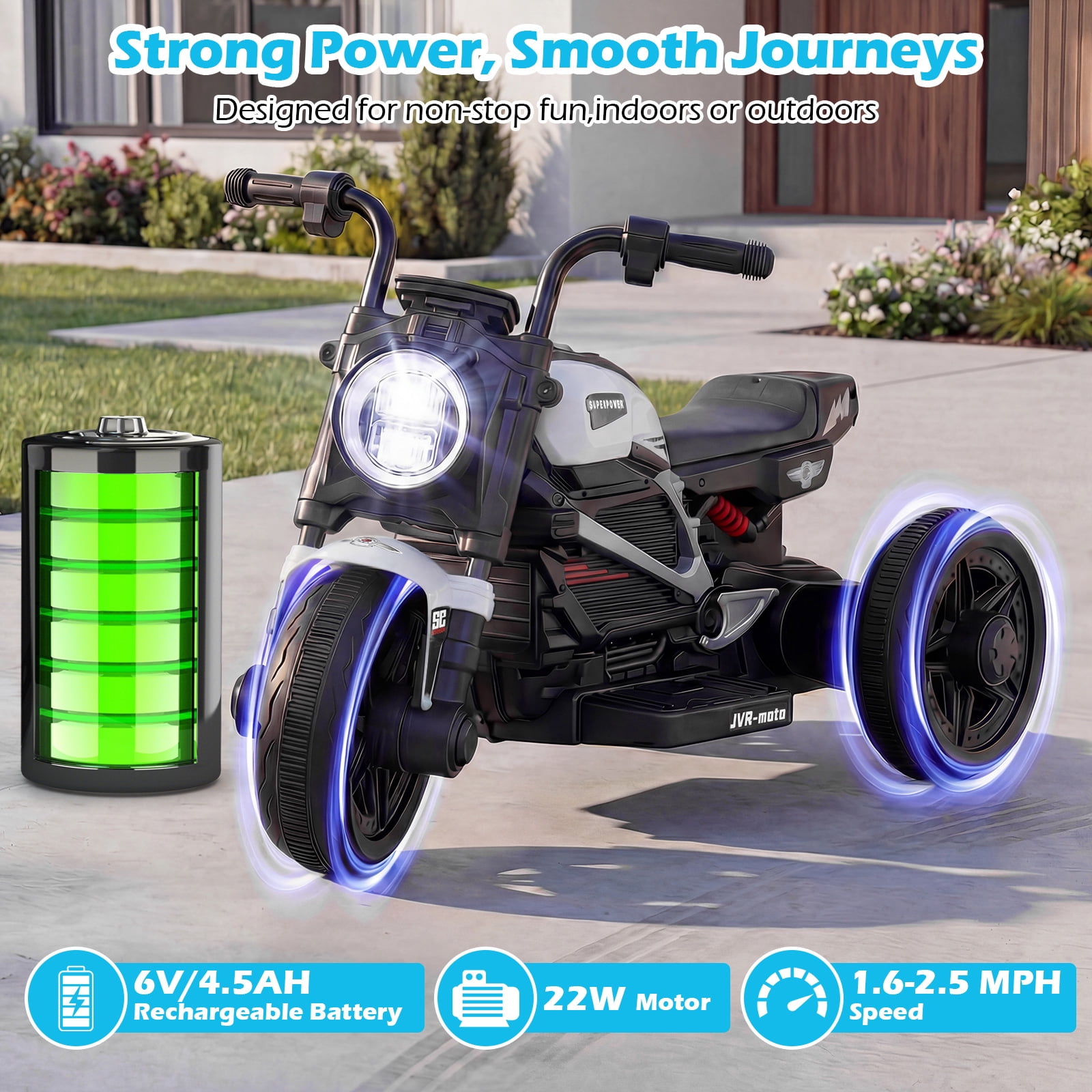 Costway 6V Kids Motorcycle with Song,Story,LED Headlights,Accelerator Pedal&3 Wheels, White & Black