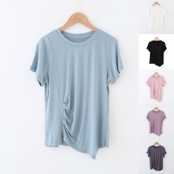YHAJDS Womens Tops Short Sleeve Round Neck Loose Asymmetrical Hem T Shirt Solid Color Basic Tee