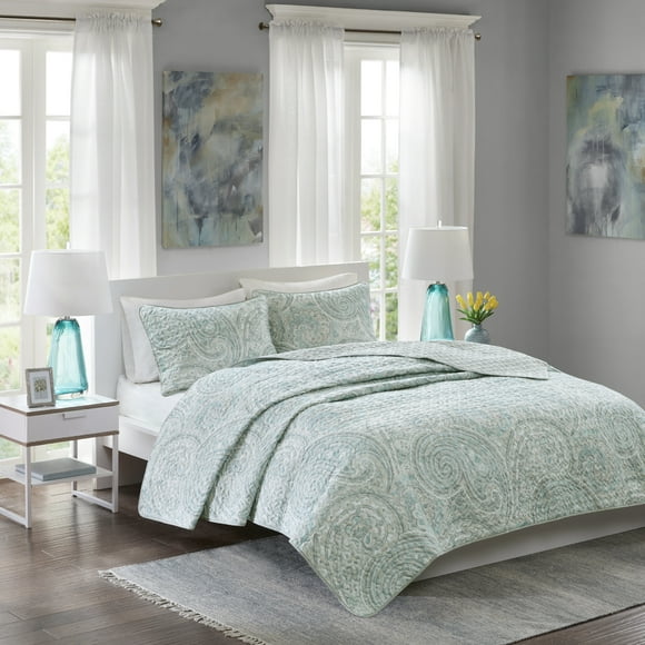 Comfort Spaces Paisley Design, Double Sided Quilting All Season, Lightweight, Coverlet Bedspread Bedding Set, Matching Shams, King/Cal King(104"x90"), Kashmir Blue/Grey