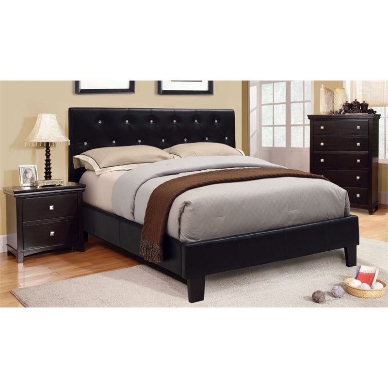 FOA Kylen 3pc Black Faux Leather Bedroom Set Cal King + Nightstand