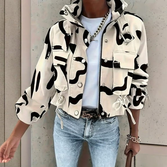 MORTTIC Women's Stand Collar Cargo Jacket with Zipper Front & Drawstring Hem Long Sleeve Casual Jacket with Multiple Pockets for Spring/Fall