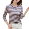 thumbnail image 1 of HUITKMM Chandail à Manches Longues pour Femme Col Rond T-Shirt à Manches Longues à Rayures Contrastées T-Shirt de Base pour Femme avec Art Rétro Haut Frais T-Shirt, 1 of 5