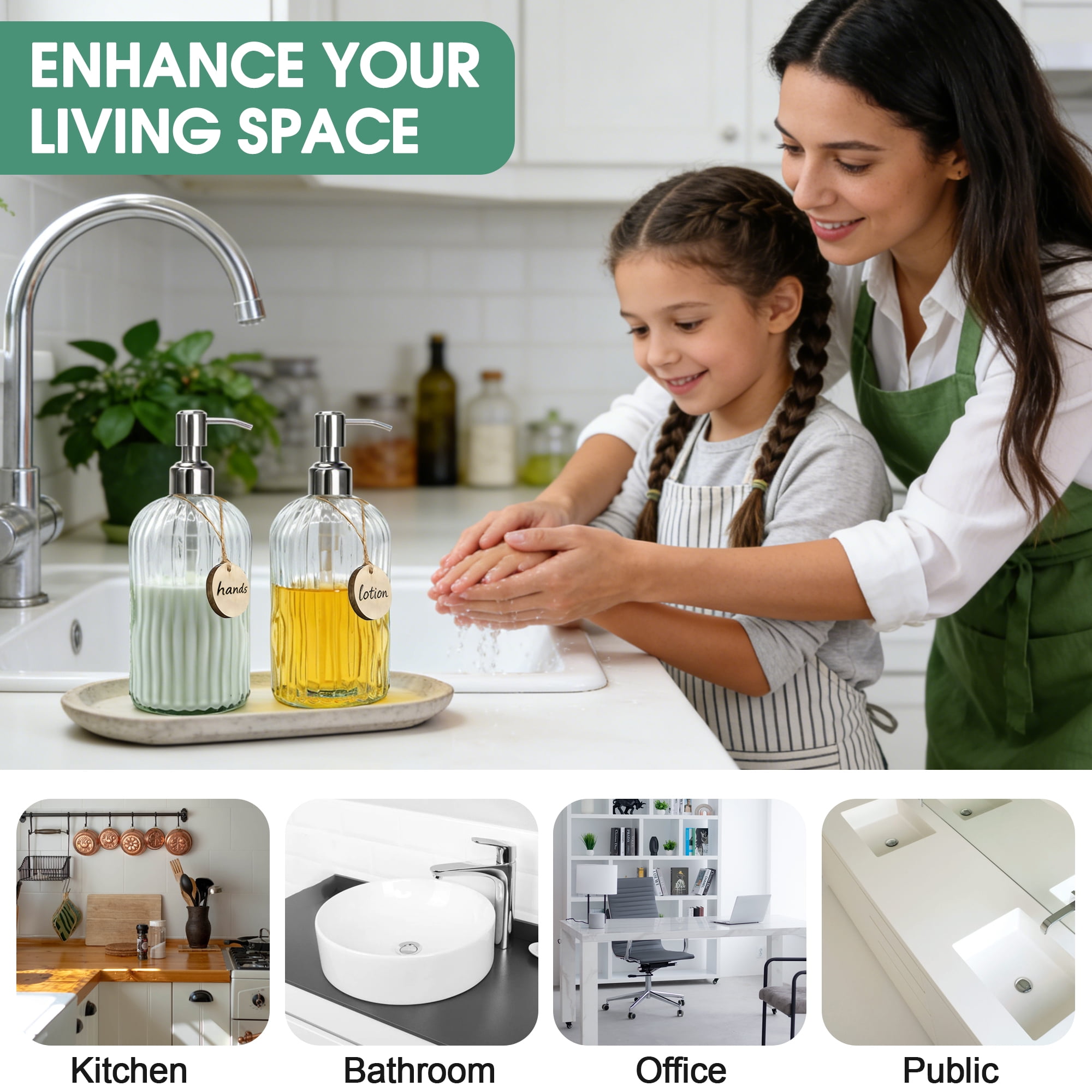 2 Pack Glass Soap Dispenser with Rust Proof Stainless Steel Pump, Refillable Hand Soap Dispenser with Vertical Stripe, Elegant Hand Soap Dispenser for Bathroom & Kitchen