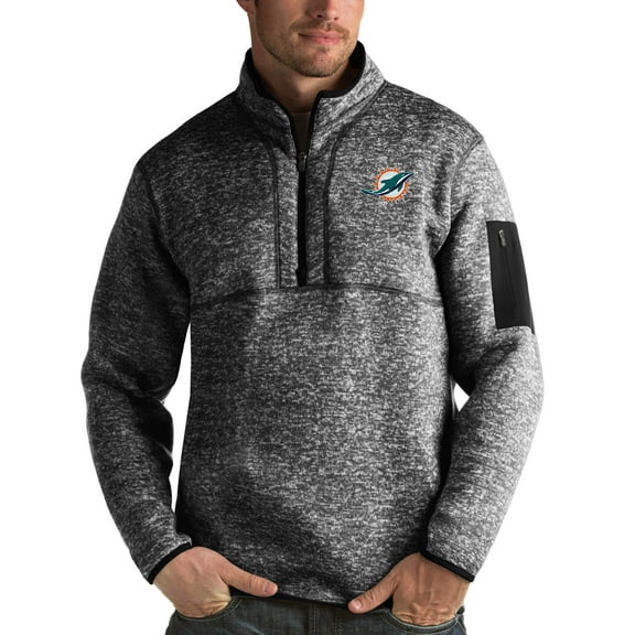 Men's Antigua Heather Black Miami Dolphins Fortune Quarter-Zip Pullover Jacket