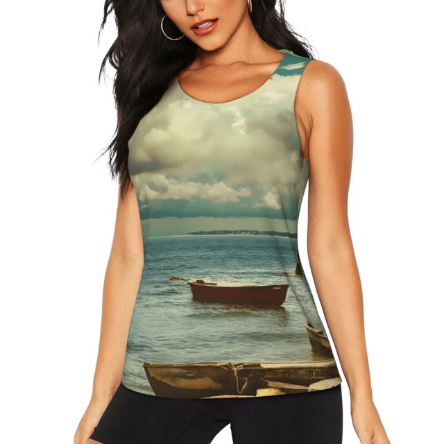 Fotbe Serene Coastal Blue Sky Blusas Sin Mangas para Mujer – Estilo Casual, Corte Suelto, Slim-Fit, Cuello Redondo Deportivo, Tops de Verano para Gimnasio y Yoga-Large