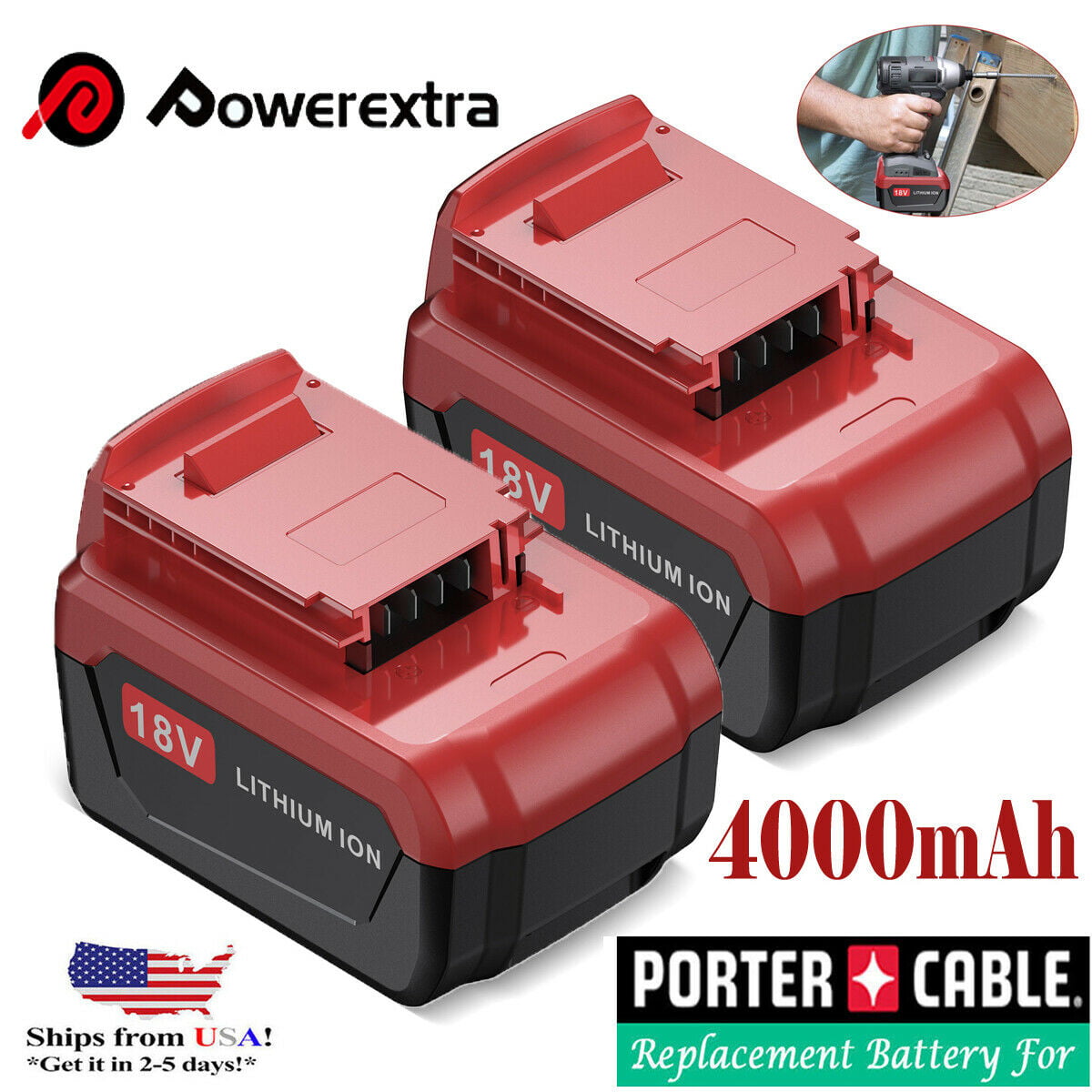 with a free voltage tester pen Powerextra 2 Pack 18V 3.5Ah Replacement Battery Compatible with Porter Cable PC18B-2 18-Volt Cordless Tools Batteries 