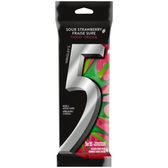 5 GUM, Strawberry-Flood Flavoured Sugar Free Chewing Gum, 15 Sticks, 3 Packs.