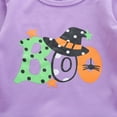 thumbnail image 5 of Okbabeha Toddler Girls 2 Piece Outfits Halloween Letter Print Long Sleeve Ruffle Shirt + Striped Flare Pants Set Cute Clothes, 5 of 8