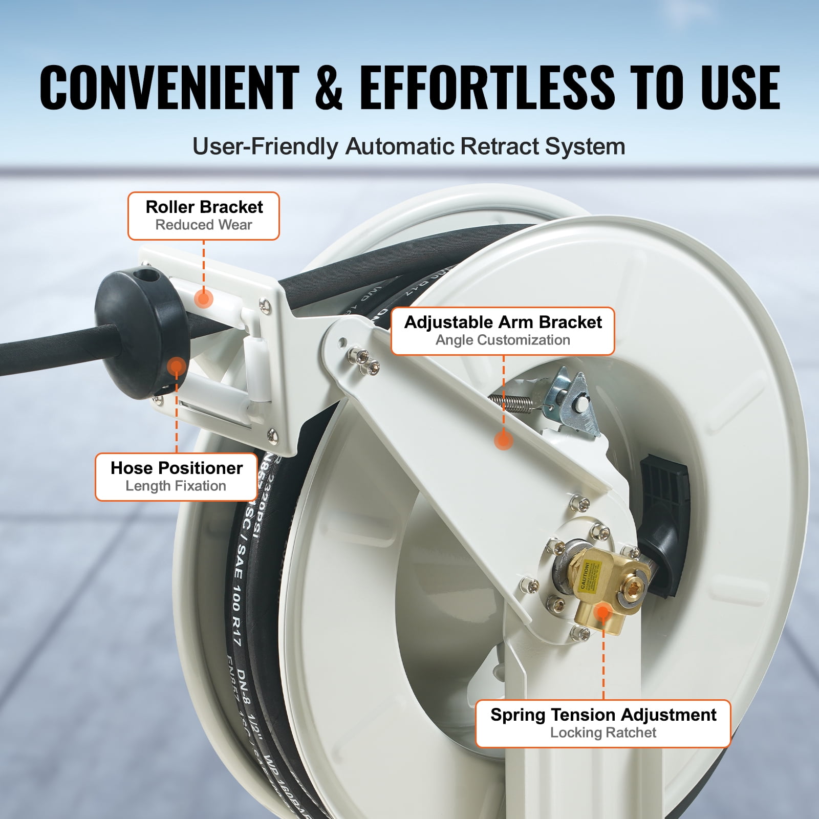 VEVOR Fuel Hose Reel, 1/4" x 50', Extra Long Retractable Grease Hose Reel, Spring Driven Auto Swivel Rewind, Heavy-Duty Carbon Steel Construction with Hose for Auto Repair, Heavy Industries, 5800 PSI