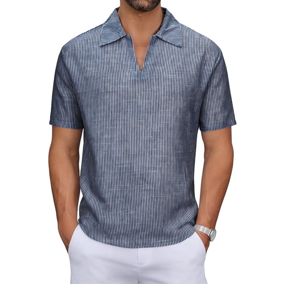 hlysgo Mens V Neck Collared Shirts Comfy Short Sleeve Linen Shirts Lightweight Fitted Solid Color Summer Vacation Wedding Beach Linen Tops Dark Blue,Size S