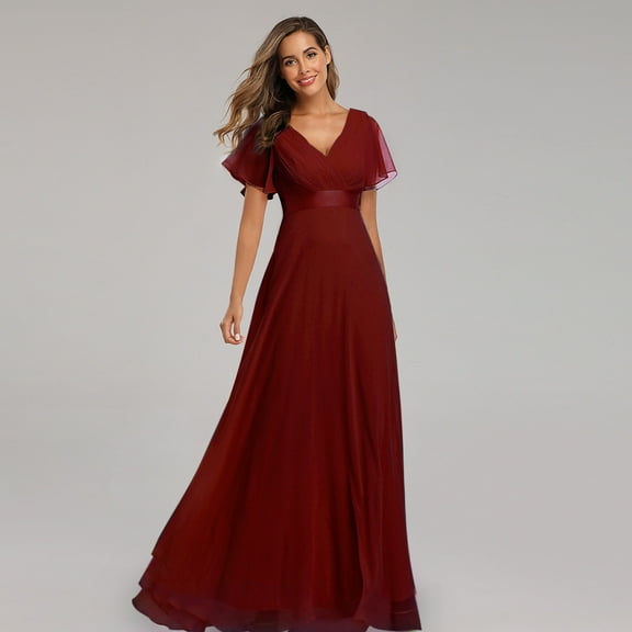 Women's Classic Chiffon Short Sleeve Pleated V-Neck Floor Length Bridesmaid Dresses