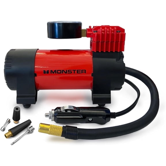 Monster 100 PSI Air Compressor Tire Inflator, 12V DC, Analog Display, Interchangeable Tips, 10ft Cord, Extra Fuse