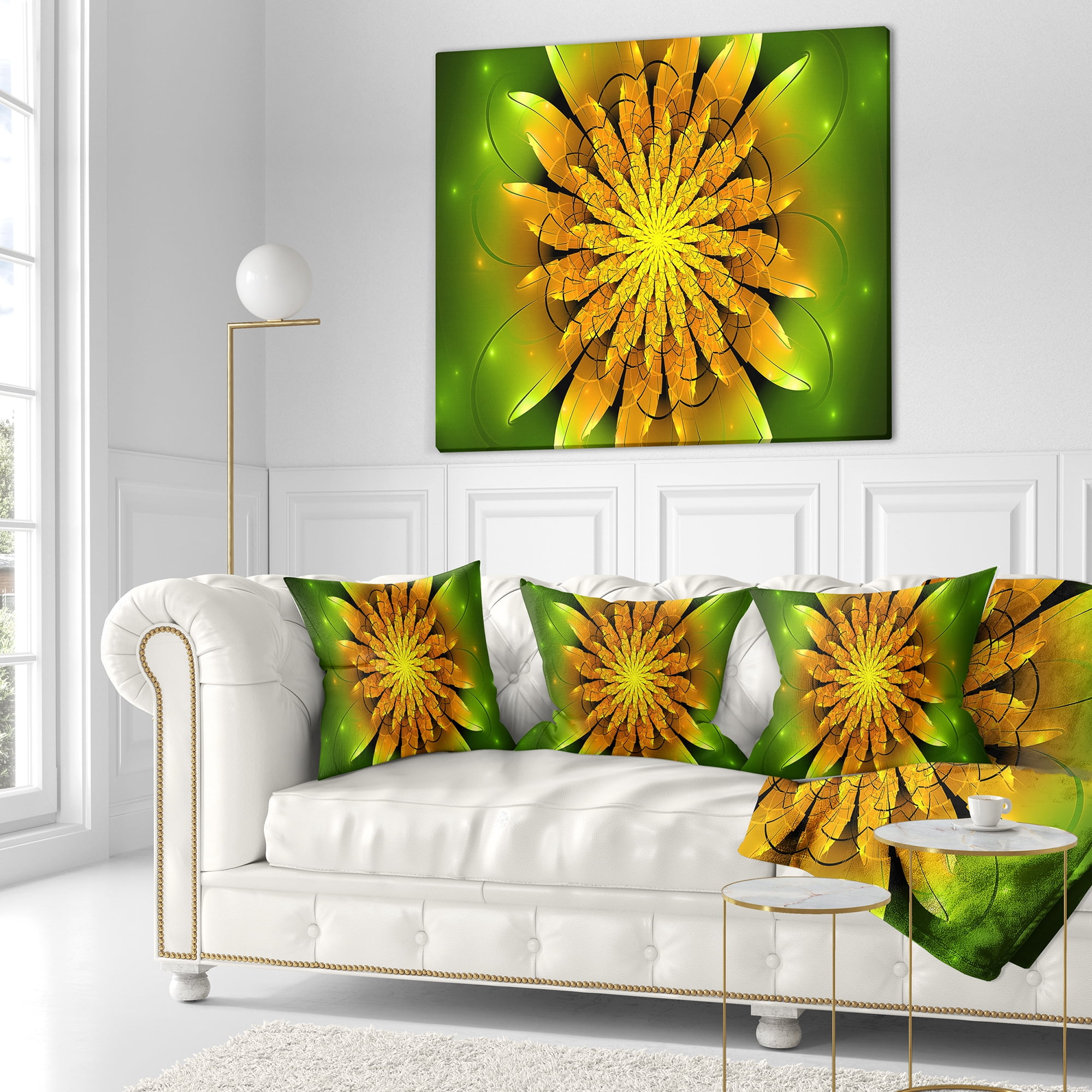 Designart Bright Yellow Fractal Flower on Green - Floral Throw Pillow - 18x18