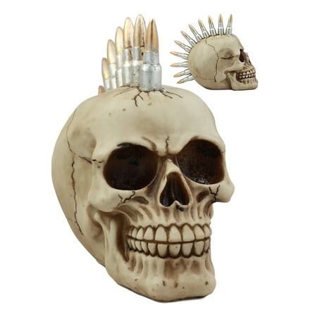 Ebros Badass Bullet Ammo Mohawk Punk Rock Skull Figurine 7'Long Biker Gangster Skeleton Head Statue For Halloween Day Of The Dead Spooky Decor