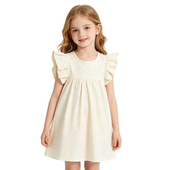 Girl Dress Girls Casual Everyday Tiered Solid Color Dress Crew Neck Flutter Sleeves Lightweight Summer Outfit Beige 4 Years-5 Years